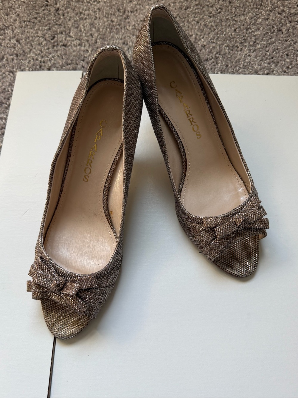 Caparros Metallic Taupe Pointed-Toe Bow Pumps